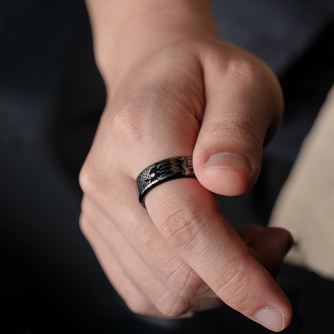 Black Circuit Board Ring, 8mm Titanium Band, Computer Gamer Geek Wedding Anniversary Gift Band Ring